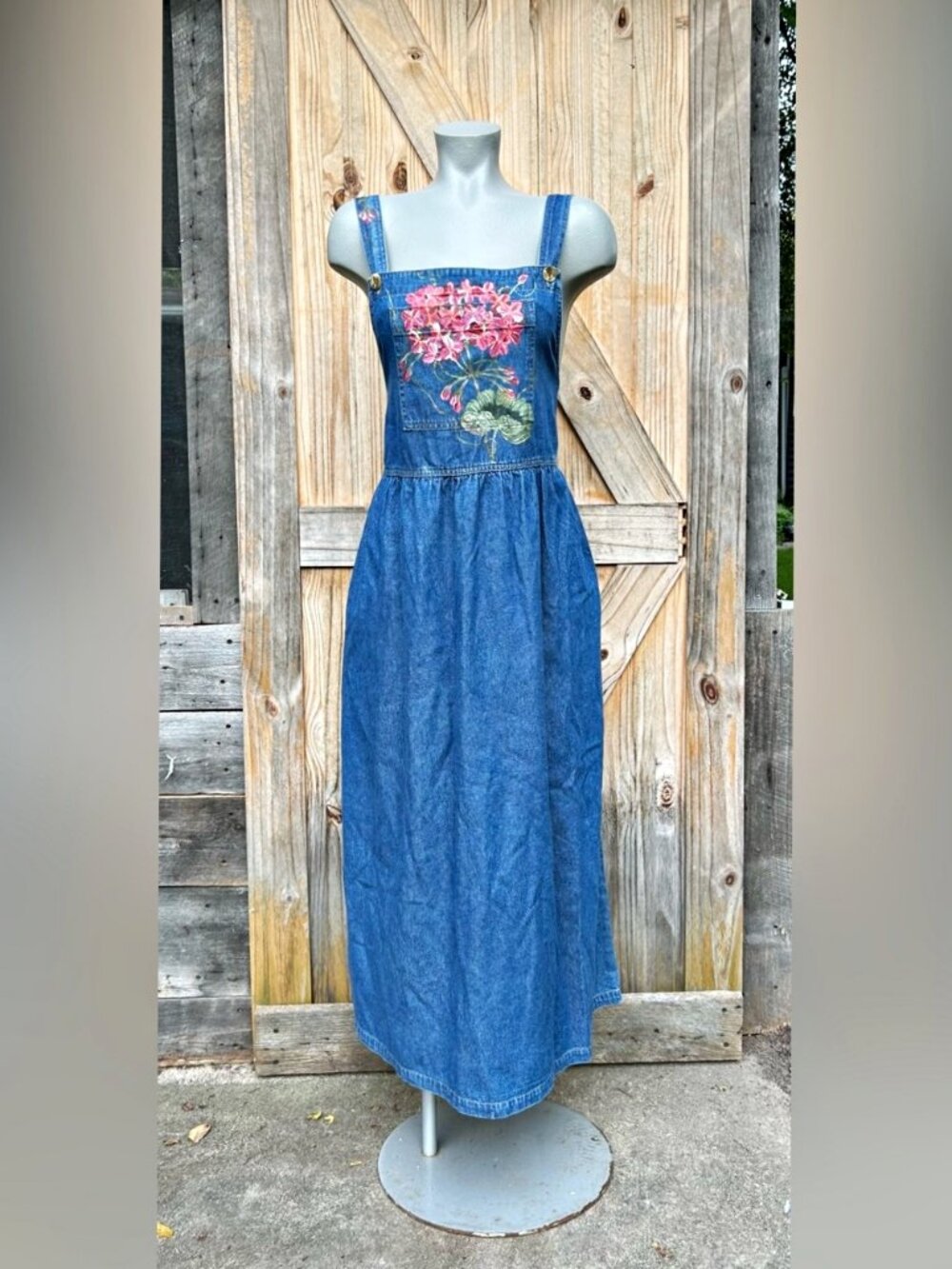Vintage 90s Haik's Long Blue Denim Hand Painted Floral Overall Maxi Dress~XL~